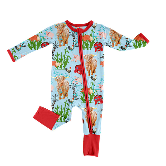 Baby Girls Boys Long Sleeve Highland Cow Farm Zip Rompers preorder(moq 5)