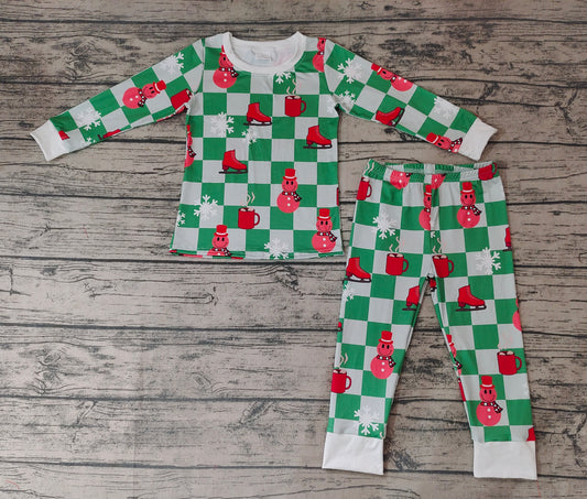Baby Boys Christmas Green Checkered Smile 2pcs Pajamas Clothes Sets