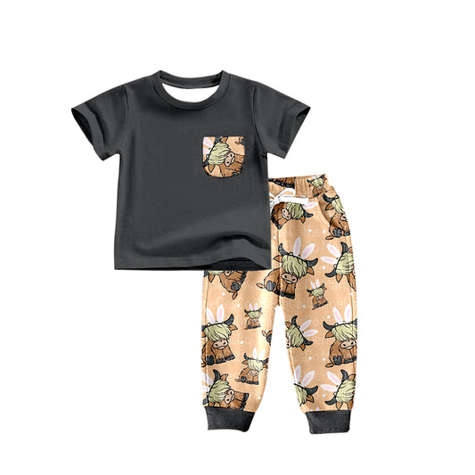 Baby Boys Highland Cow Rabbit Ears Easter Pocket Top Pants Sets Preorder(moq 5)