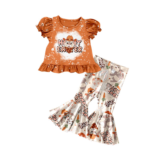 Baby Girls Happy Easter Bunny Short Sleeve Tee Shirt Bell Pants Sets Preorder(moq 5)