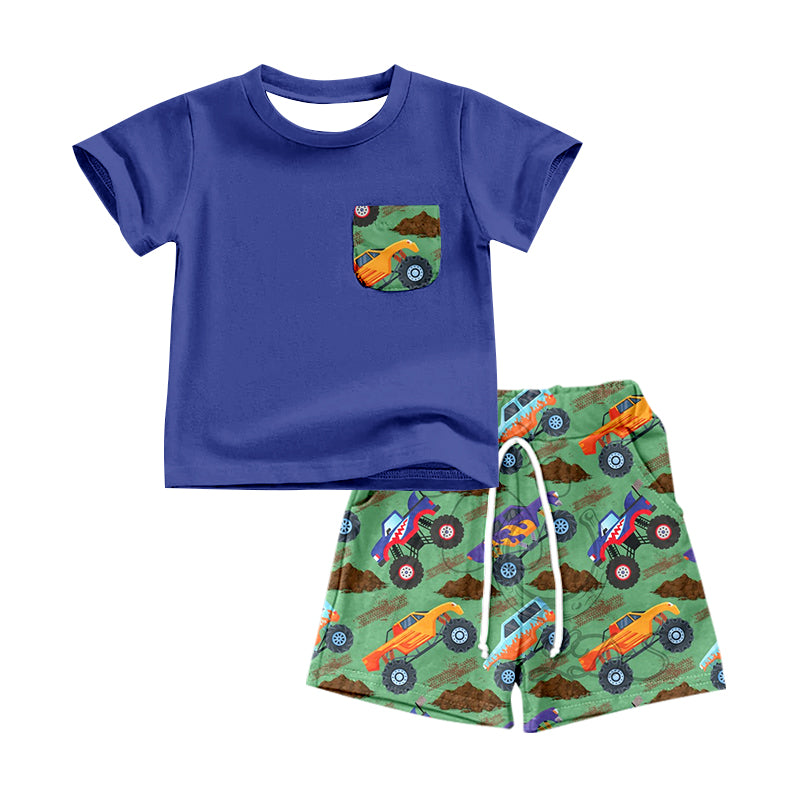 Baby Boys Pocket Shirts Top Blue Cars Shorts Summer Clothes Sets Preorder(moq 5)