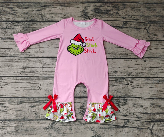 Baby Infant Girls Pink Ruffle Frog Long Sleeve Rompers