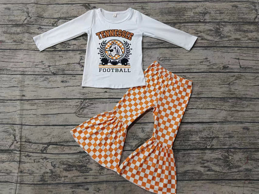 Baby Girls Football Orange Tee Top Checkered Pants Clothes Sets preorder(moq 5)