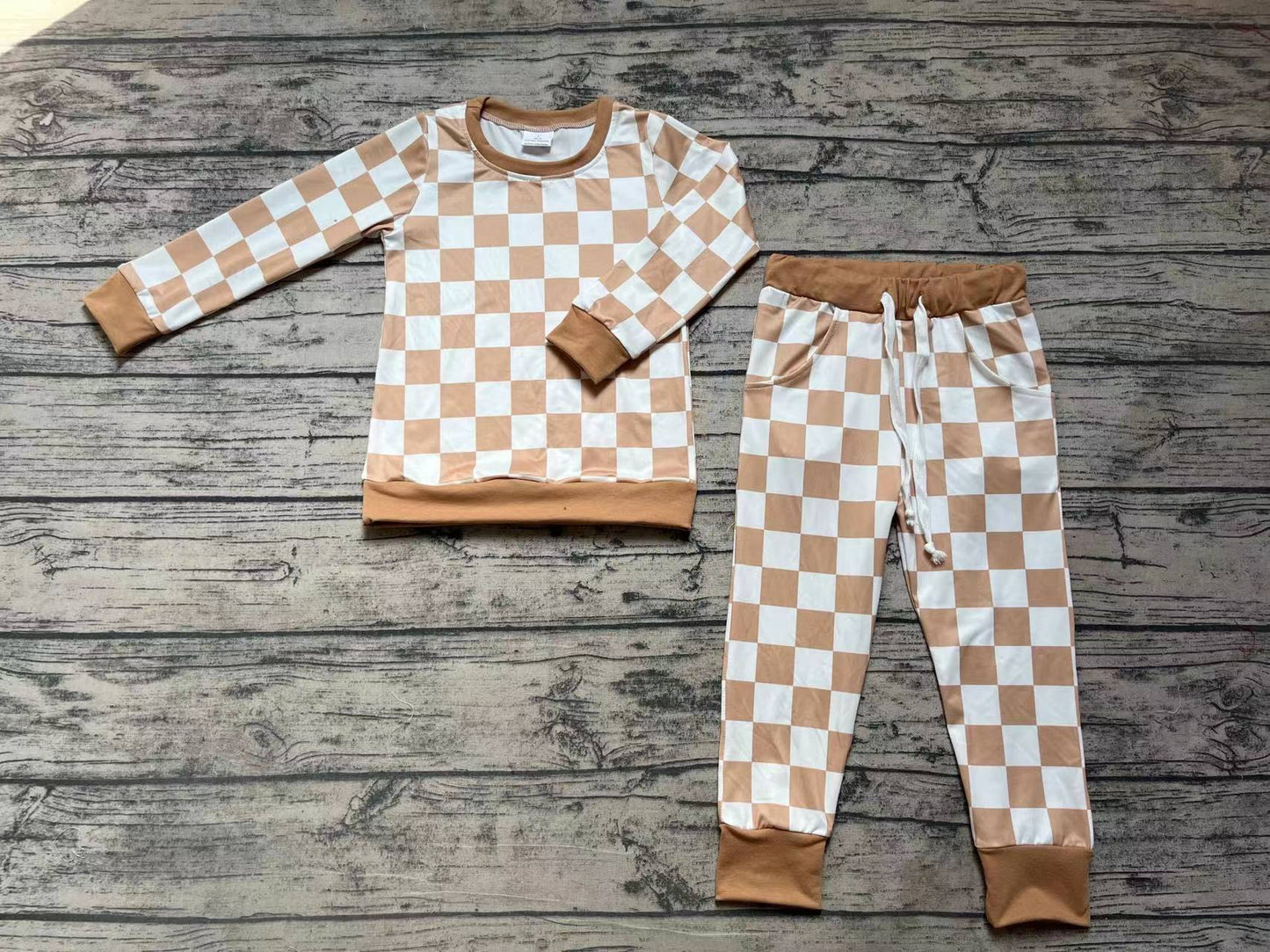 Checkered Baby Kids Khaki Color Shirt Pants Pajamas Clothes Sets