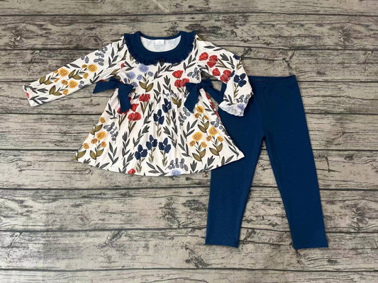 Baby Girls Leaves Flowers Long Sleeve Tops Navy Legging Clothes Sets