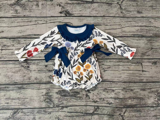Baby Girls Leaves Bow Navy Long Sleeve Rompers