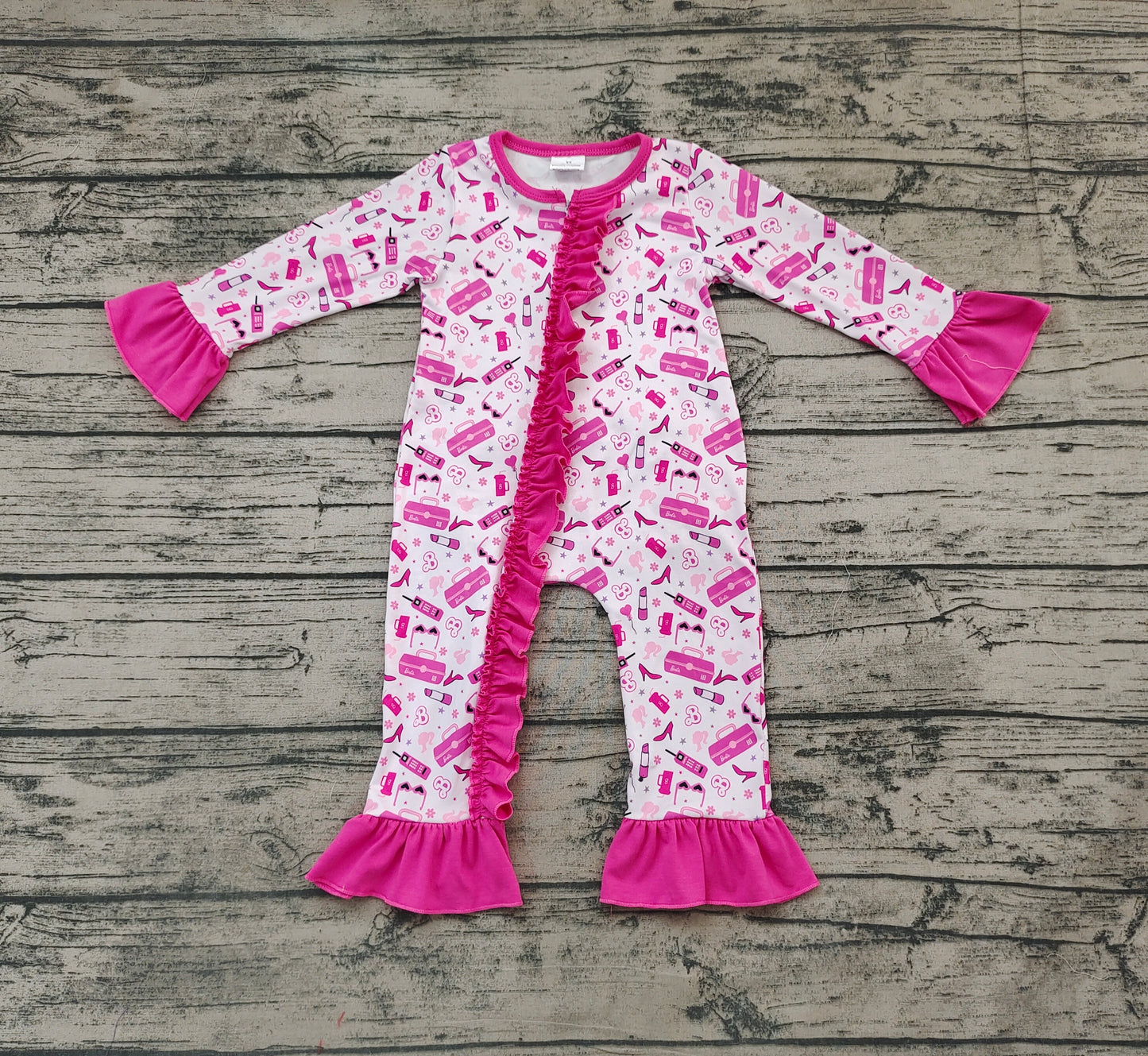Baby Girls Doll Pink Zip Ruffle Rompers