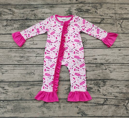 Baby Girls Doll Pink Zip Ruffle Rompers