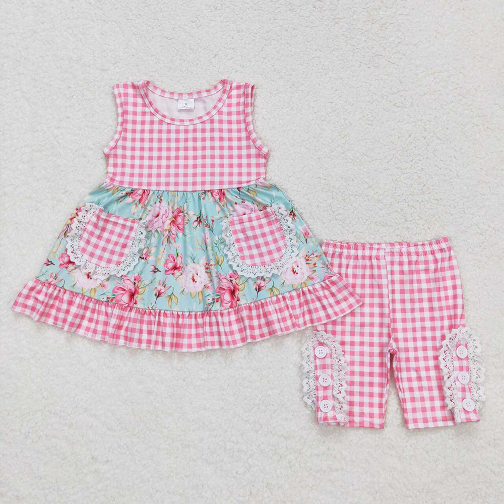 Baby Girls Blue Flowers Tunic Top Pink Checkered Shorts Clothes Sets