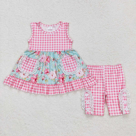 Baby Girls Blue Flowers Tunic Top Pink Checkered Shorts Clothes Sets