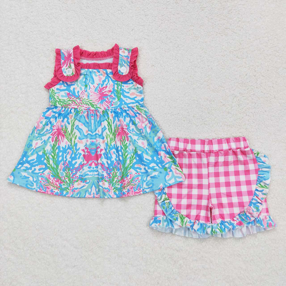 Baby Girls Water Flowers Blue Pink Tunic Top Ruffle Shorts Clothes Sets