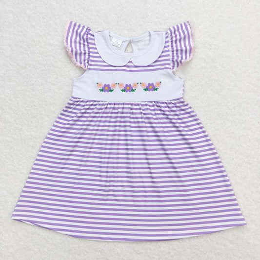 Baby Girls Purple Stripes Flowers Flutter Sleeve Knee Length Dresses