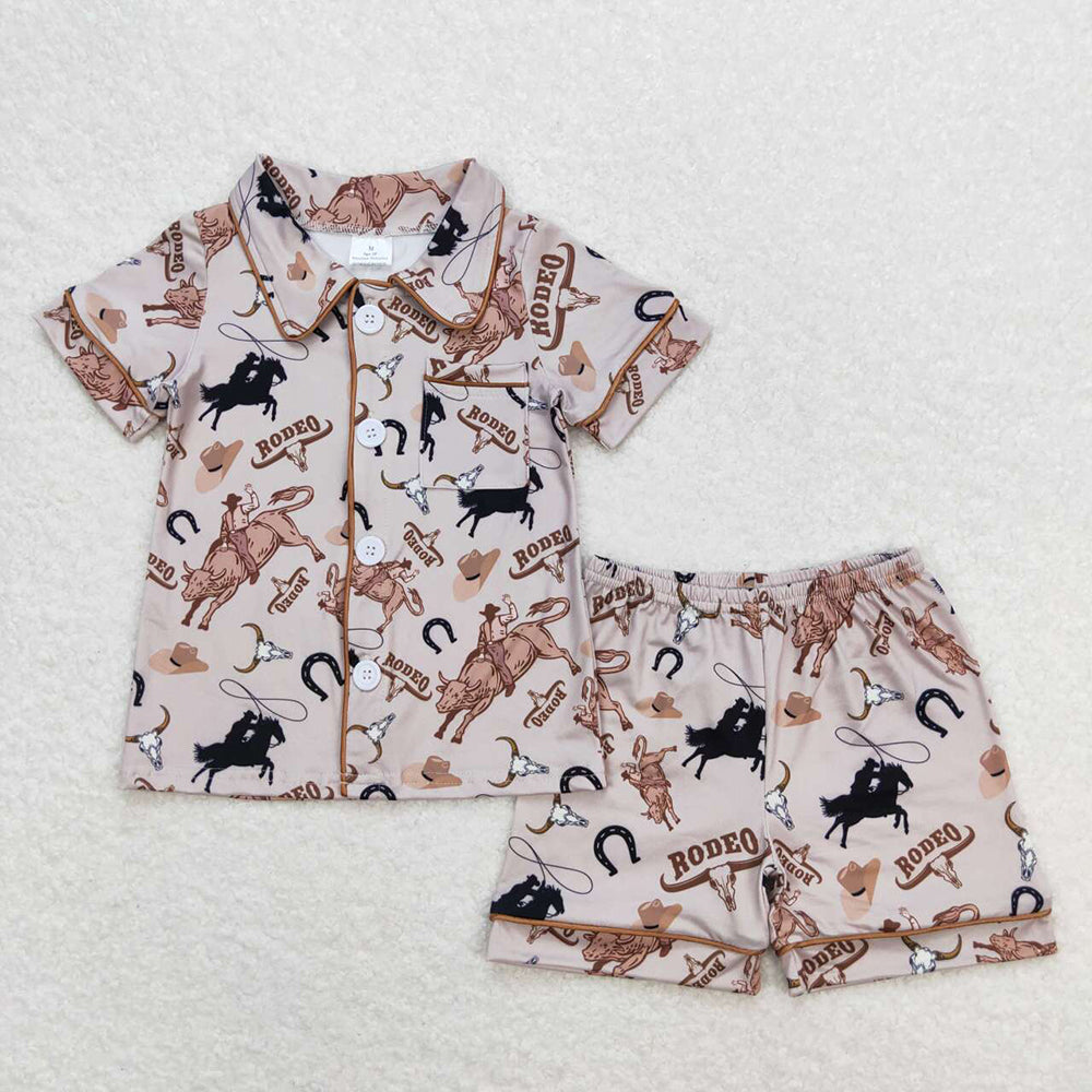 Baby Boys Grey Rodeo Horse Shirt Buttons Top Shorts Pajamas Clothes Sets