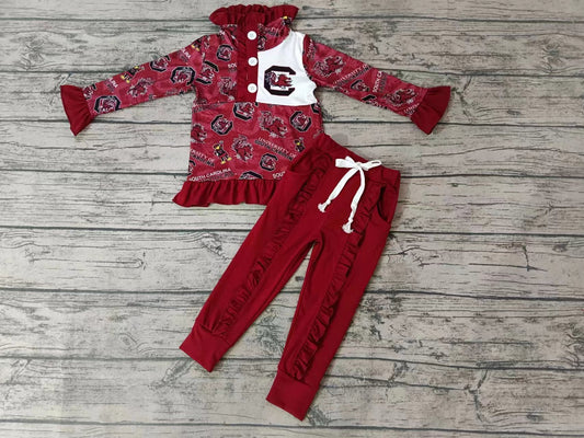 Baby Girls Dark Red Teams Pullovers Shirts Top Ruffle Pants Clothes Sets preorder(moq 5)