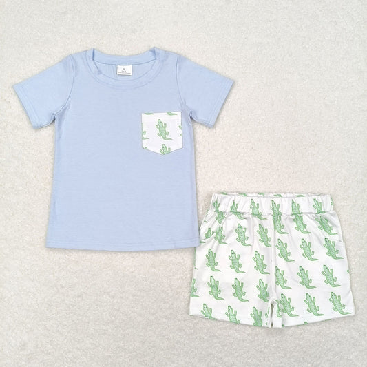 Baby Boys Blue Pocket Shirt Top Crocodile Shorts Clothes Sets