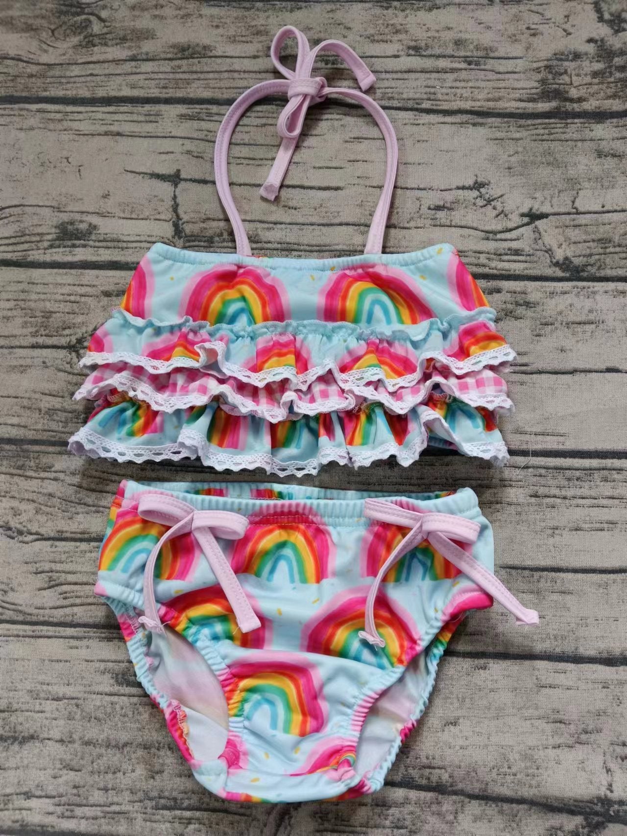 Baby Girls Rainbow Ruffle Top Bummie Swimsuits Clothes Sets Preorder(moq 5)