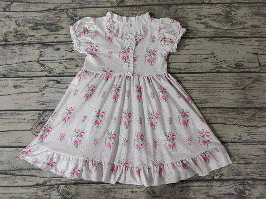 Baby Girls White Dots Flowers Short Sleeve Buttons Knee Length Ruffle Dresses Clothes Sets Preorder(moq 5)