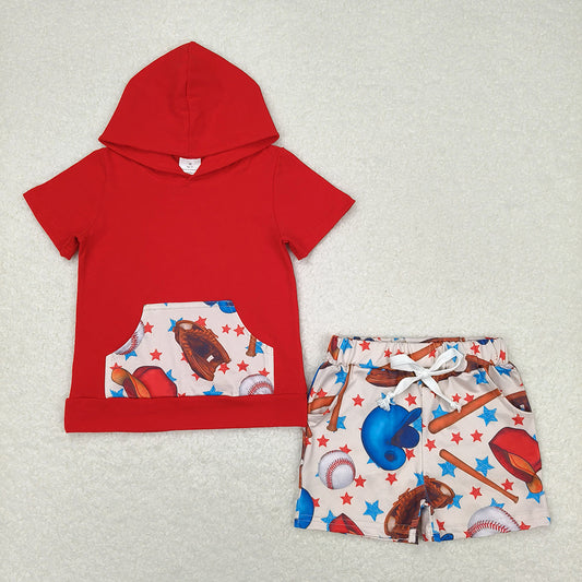 Baby Boys Red Hooded Shirt Tops Baseball Shorts Clothes Sets