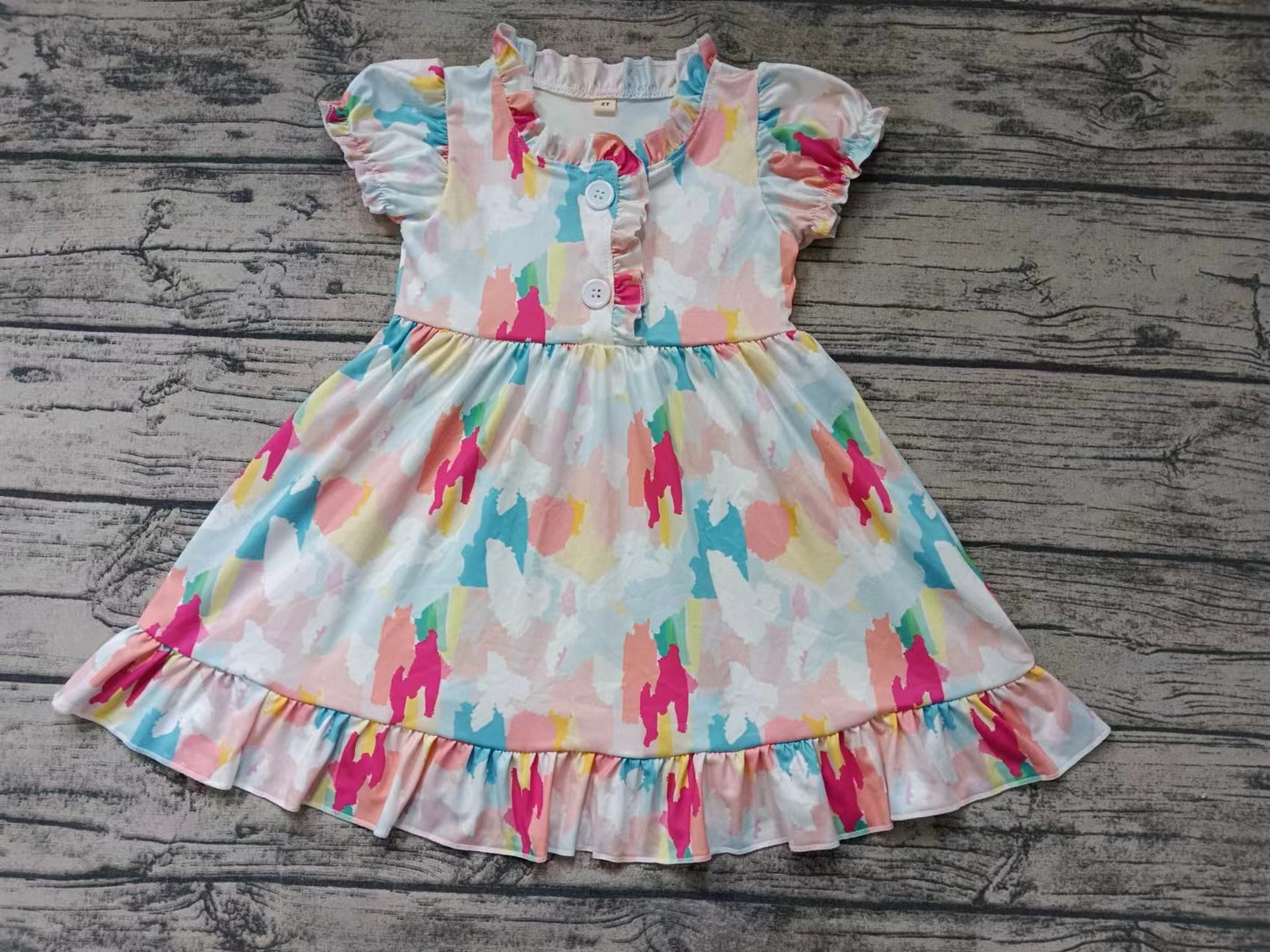 Baby Girls Tie Dye Short Sleeve Buttons Knee Length Ruffle Dresses Clothes Sets Preorder(moq 5)