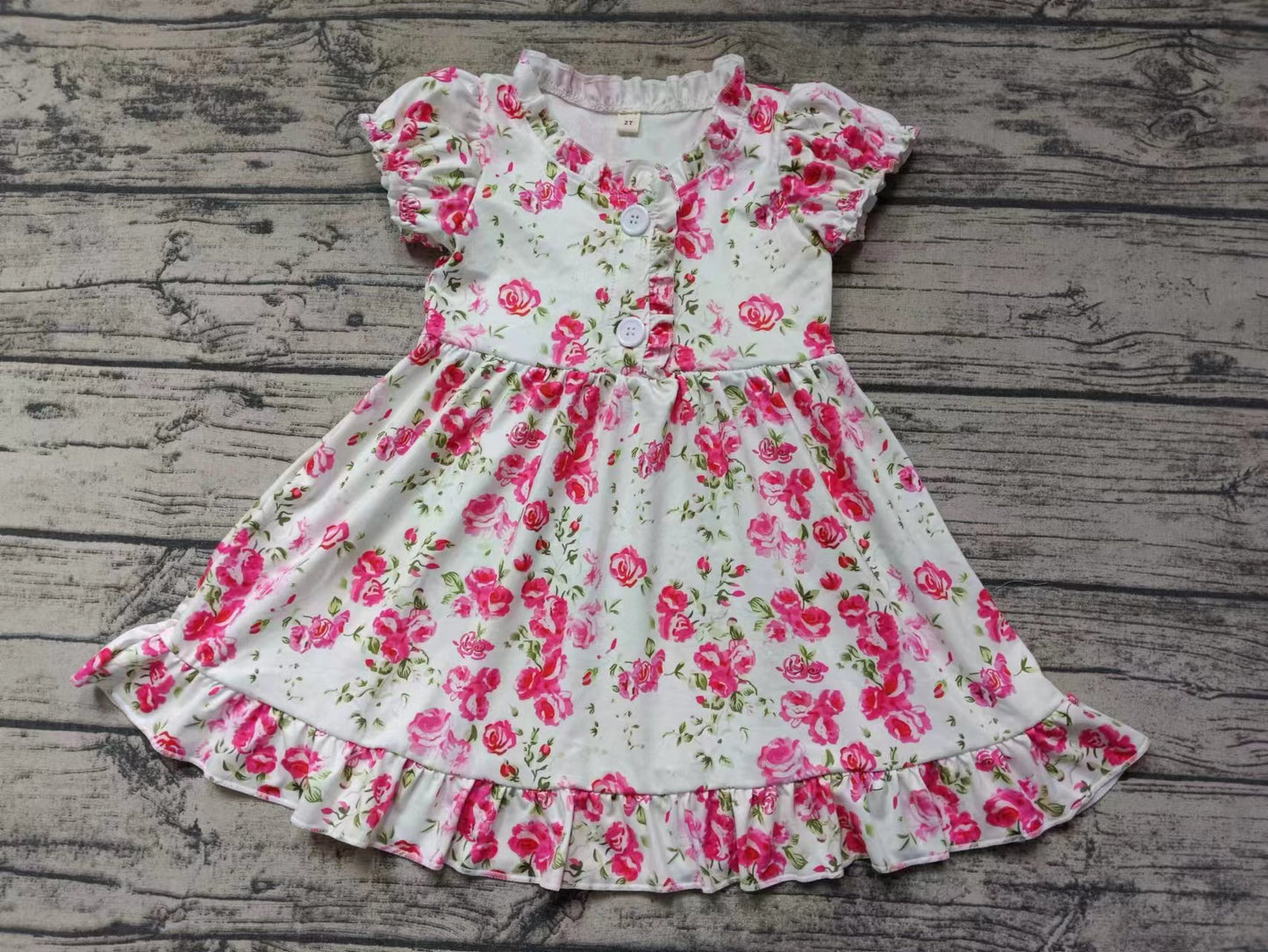 Baby Girls Pink Flowers Short Sleeve Buttons Knee Length Ruffle Dresses Clothes Sets Preorder(moq 5)