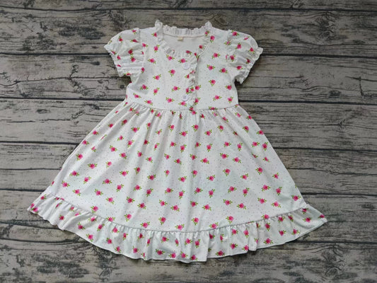 Baby Girls Pink Small Flowers Short Sleeve Buttons Knee Length Ruffle Dresses Clothes Sets Preorder(moq 5)