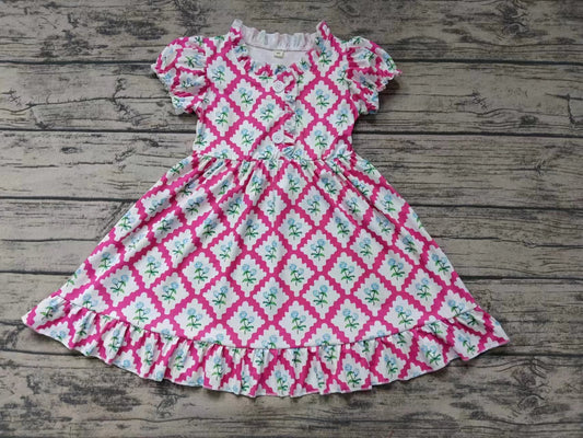 Baby Girls Pink Flowers Bunches Short Sleeve Buttons Knee Length Ruffle Dresses Clothes Sets Preorder(moq 5)