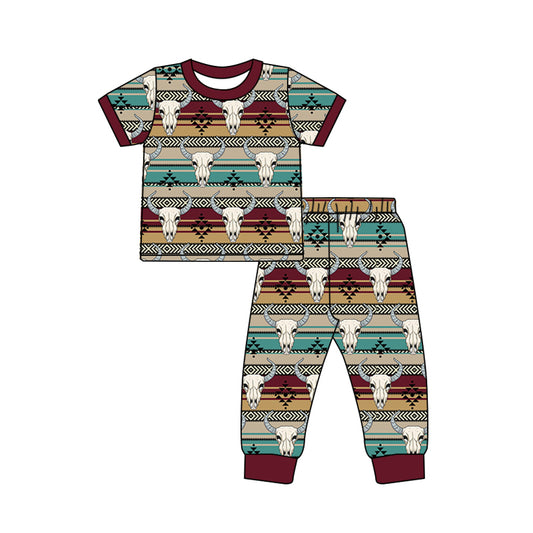 Baby Boys Western Aztec Cow Short Sleeve Tops Pants Pajamas Clothes Sets preorder(moq 5)