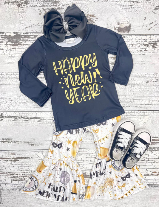 Baby Girls Black Happy New Year Top Bell Bottom Pants Clothes Sets