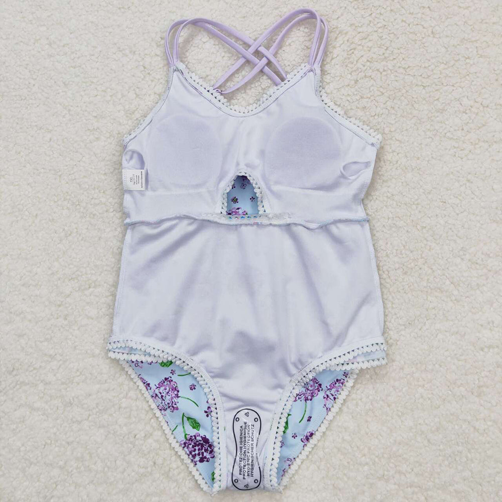 Baby Girls Purple Flowers Ruffle One Piece Swimsuits