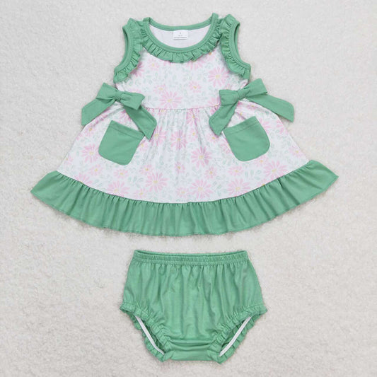 Baby Girls Green Pink Flowers Sleeveless Top Summer Bummies Clothes Sets