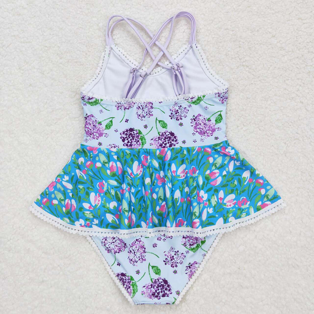 Baby Girls Purple Flowers Ruffle One Piece Swimsuits