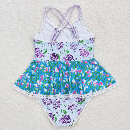 Baby Girls Purple Flowers Ruffle One Piece Swimsuits