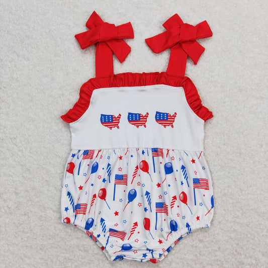 Baby Infant Girls 4th Of July Flags Balloons Straps Rompers