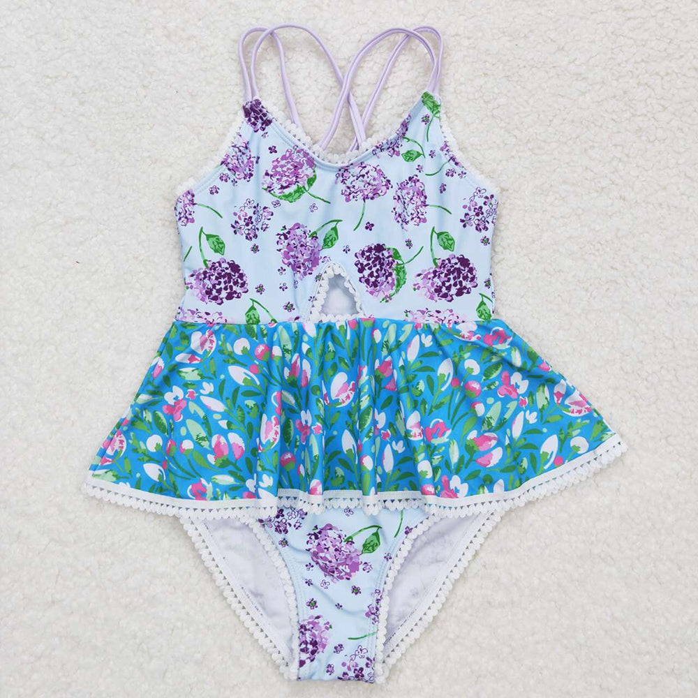 Baby Girls Purple Flowers Ruffle One Piece Swimsuits