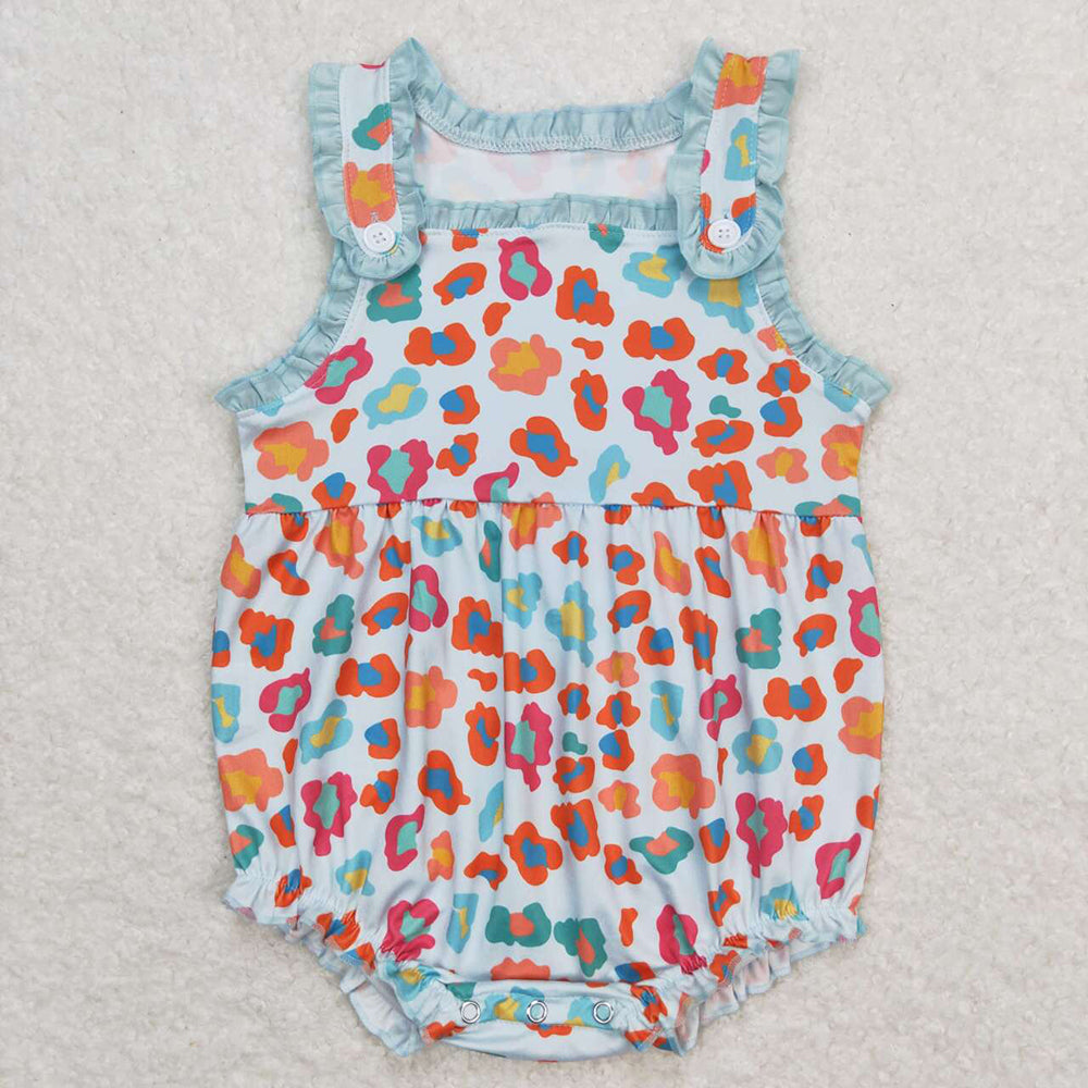 Baby Infant Girls Spring Green Colorful Leopard Buttons Rompers