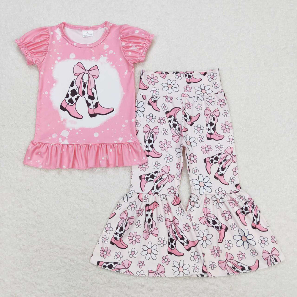 Baby Girls Pink Flowers Boots Shirt Top Bell Pants Clothes Sets