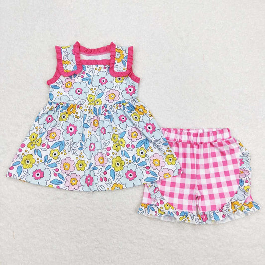 Baby Girls Pink Flowers Buttons Tunic Summer Shorts Outfits Clothes Sets