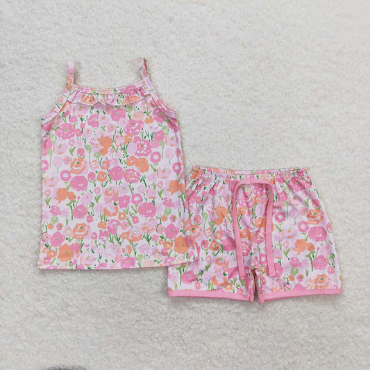 Baby Girls Orange Flowers Straps Top Shorts Summer Clothes Sets