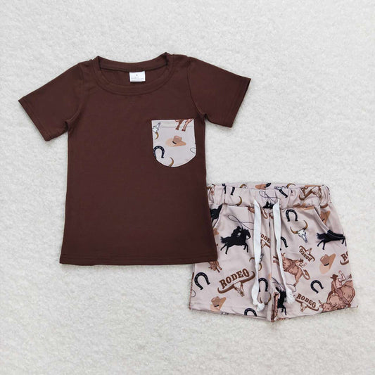 Baby Boys Brown Shirt Top Cow Rodeo Western Shorts Clothes Sets