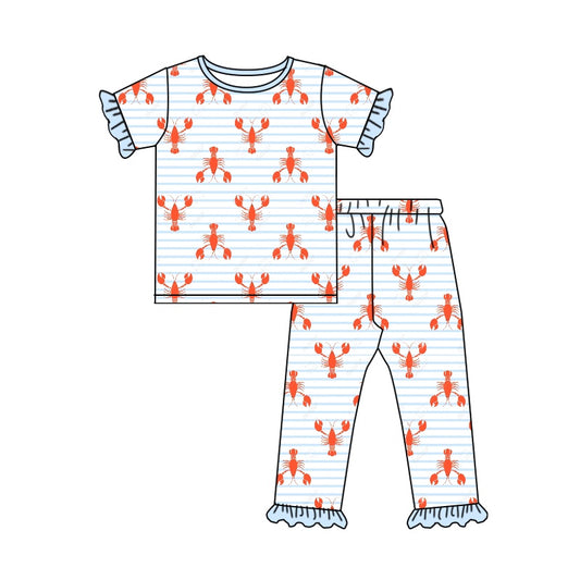 Baby Girls Blue Stripes Crawfish Short Sleeve Tops Pants Pajamas Clothes Sets preorder(moq 5)