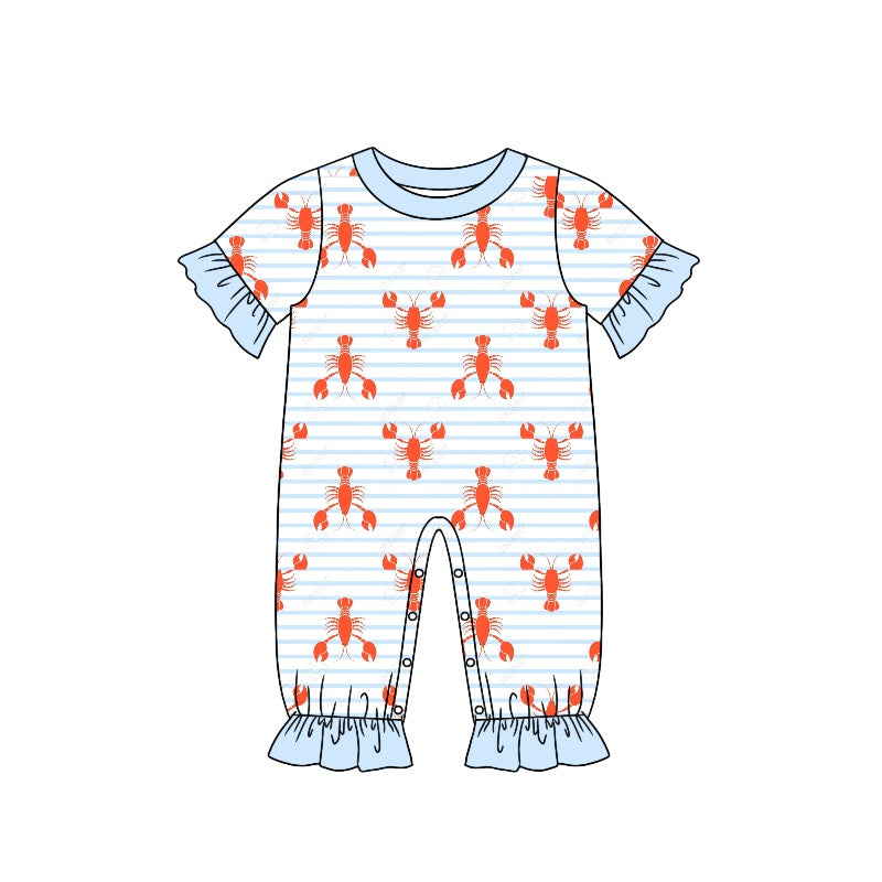 Baby Toddler Girls Blue Stripes Crawfish Short Sleeve Rompers preorder(moq 5)