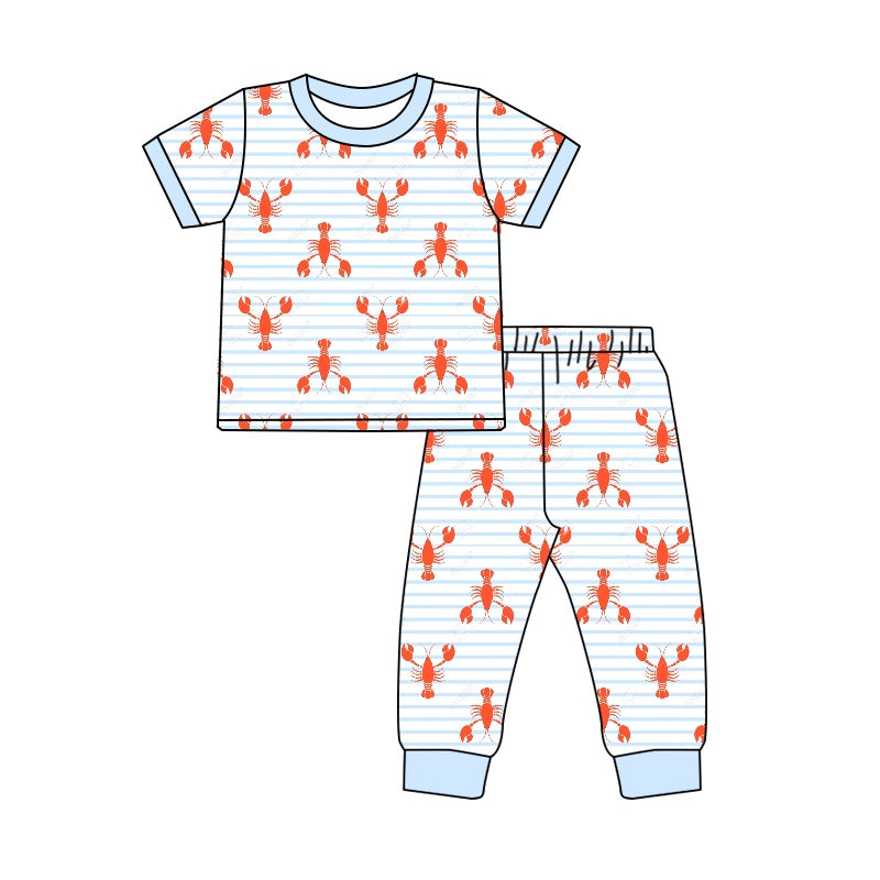 Baby Boys Blue Stripes Crawfish Short Sleeve Tops Pants Pajamas Clothes Sets preorder(moq 5)