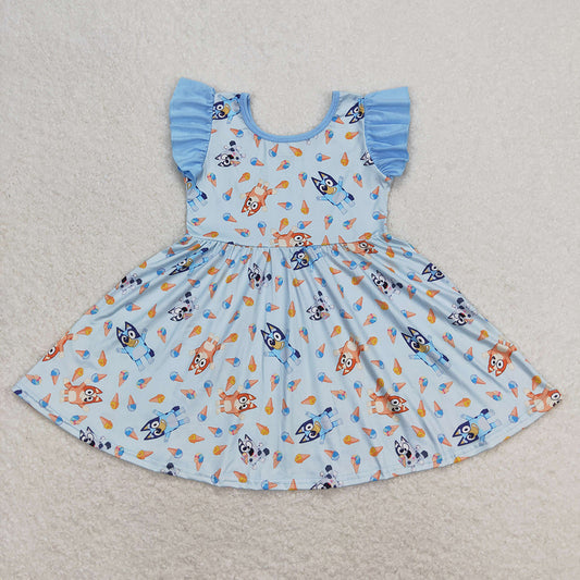 Baby Girls Flutter Sleeve Blue Dogs Knee Length Dresses