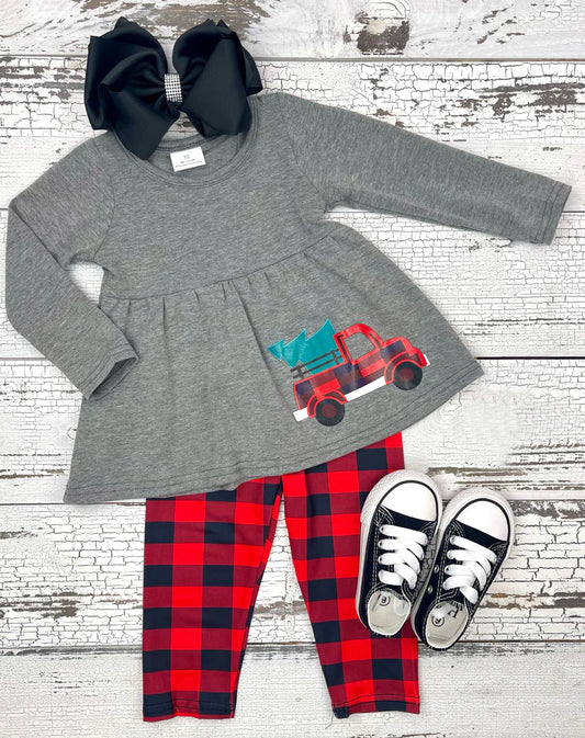 Girls Christmas plaid tractor Car Legging set