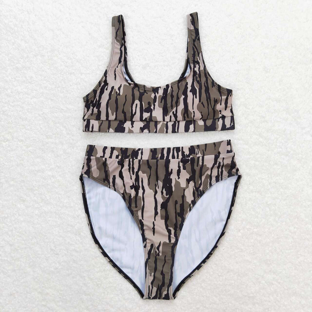 Adult Women Green Camo Top Bottom Swimsuits Sets