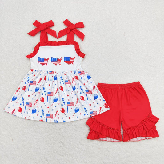 Baby Girls 4th Of July Flags Balloons Tunic Ruffle Shorts Clothes Sets