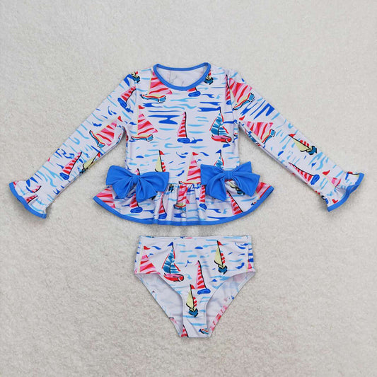 Baby Girls Blue Boats Long Sleeve Summer One Piece Bows Swimsuits