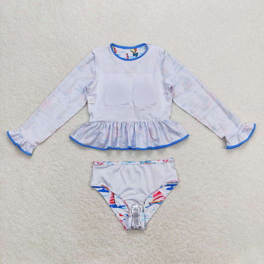Baby Girls Blue Boats Long Sleeve Summer One Piece Bows Swimsuits