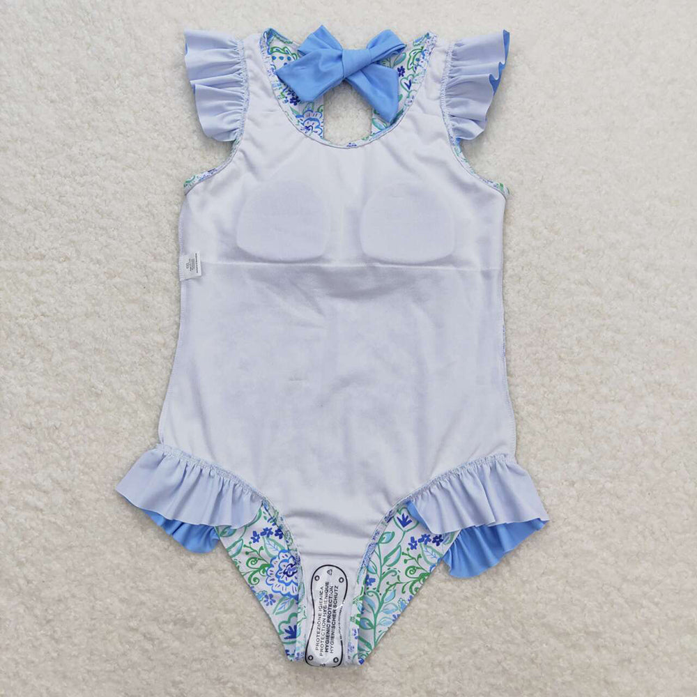 Baby Girls Summer Blue Flowers Ruffle One Piece Swimsuits