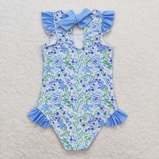 Baby Girls Summer Blue Flowers Ruffle One Piece Swimsuits